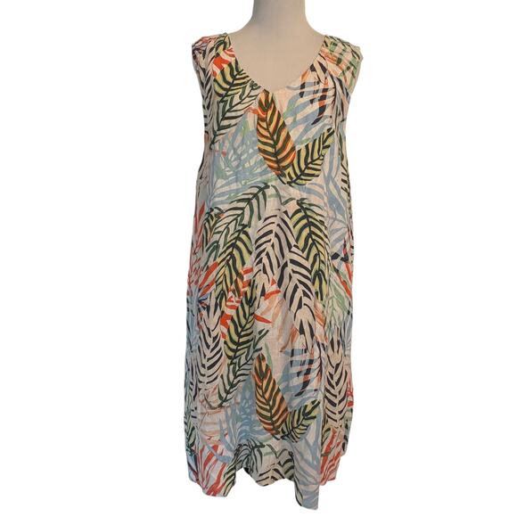 Tahari 100% Linen Tropical Sleeveless Dress Womens XL Beachy Shift Hawaiian Palm - Picture 1 of 7